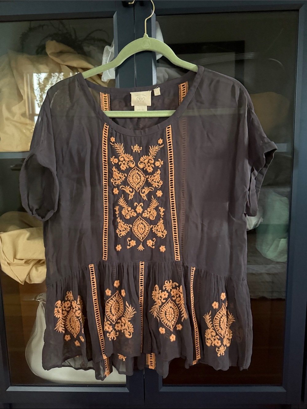 Anthropologie Embroidered Sheer Short-Sleeve Top